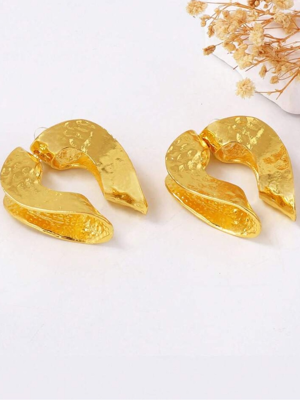Gold Textured Sculptural Hoop Earrings - Picture 3 of 3